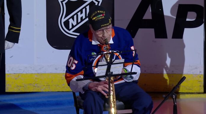 Dominick Critelli, 105, Plays Anthem at Islanders Home Opener 105-year-old World War II veteran Dominick Critelli plays the national anthem on saxophone before the Islanders home opener vs. Devils at UBS Arena