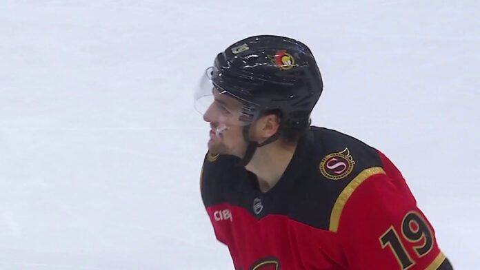 drake-batherson-hat-trick-senators-rangers Drake Batherson Senators hat trick Rangers celebration