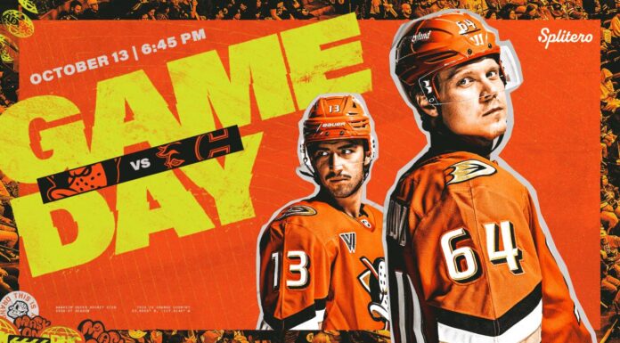 Roger McQueen Debut: Ducks Confirm Rookie Centers Third Line Anaheim Ducks game day graphic for Flames game with Roger McQueen NHL debut