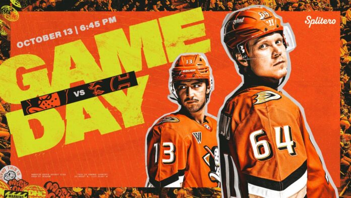 ducks-flames-game-day-oct-13-2026 Anaheim Ducks game day graphic for Flames game with Roger McQueen NHL debut