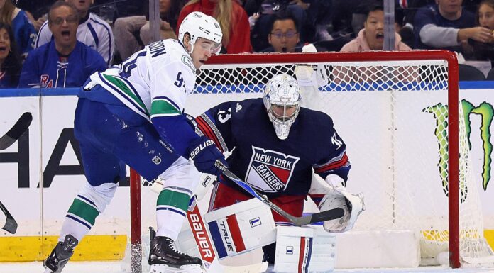 Rangers Beat Canucks 6-2 in First Game Without Shesterkin Rangers goalie Dylan Garand makes a save against the Canucks at Madison Square Garden