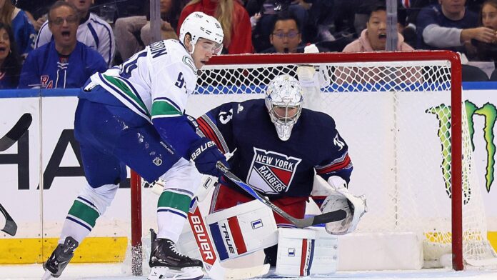 Dylan Garand Rangers Canucks MSG Rangers goalie Dylan Garand makes a save against the Canucks at Madison Square Garden