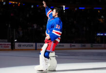 Rangers Home Start: 6-0 at MSG Behind Garand, Bjorkstrand Rangers goalie Dylan Garand waves to the Madison Square Garden crowd after beating the Ducks