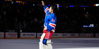 Rangers Home Start: 6-0 at MSG Behind Garand, Bjorkstrand Rangers goalie Dylan Garand waves to the Madison Square Garden crowd after beating the Ducks