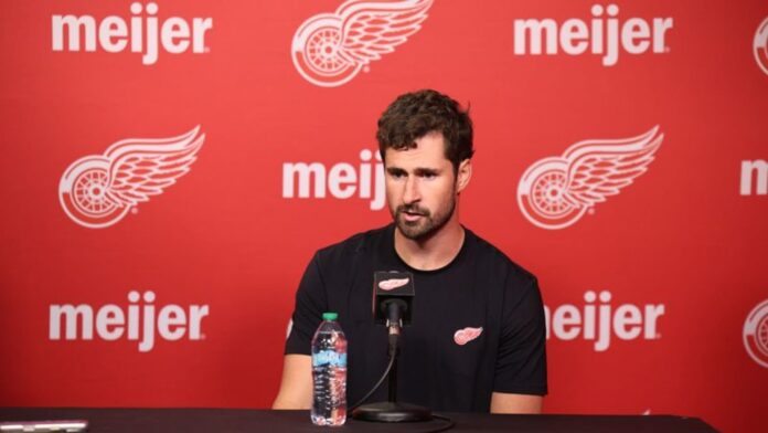 Dylan Larkin Red Wings press conference Dylan Larkin speaking at a Red Wings press conference as the Detroit trade saga continues