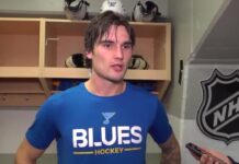 Dylan Peterson Debut: Blues Rookie Fights, Mom Goes Viral Blues rookie Dylan Peterson speaking to reporters after his NHL debut