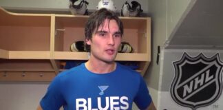 Dylan Peterson Debut: Blues Rookie Fights, Mom Goes Viral Blues rookie Dylan Peterson speaking to reporters after his NHL debut