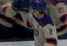 Evan Bouchard Goals: Oilers D-Man Leads NHL With Six Evan Bouchard celebrates his second goal with the Edmonton Oilers bench against the Anaheim Ducks