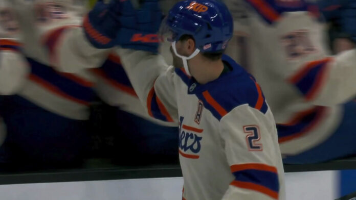 Evan Bouchard Oilers goal vs Ducks Evan Bouchard celebrates his second goal with the Edmonton Oilers bench against the Anaheim Ducks