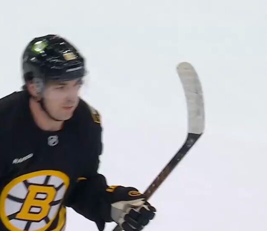 Michael Eyssimont of the Boston Bruins celebrates a preseason goal against the Philadelphia Flyers at TD Garden
