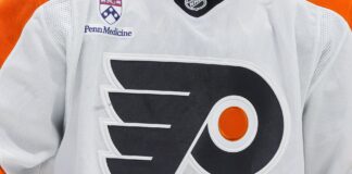 Nikita Grebenkin Injury: Flyers Winger Out Four Months Philadelphia Flyers white jersey logo as team announces Nikita Grebenkin back surgery