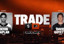 Flyers Trade Devin Kaplan to Kraken for David Goyette Philadelphia Flyers trade graphic showing Devin Kaplan going to the Seattle Kraken and David Goyette coming to Philadelphia