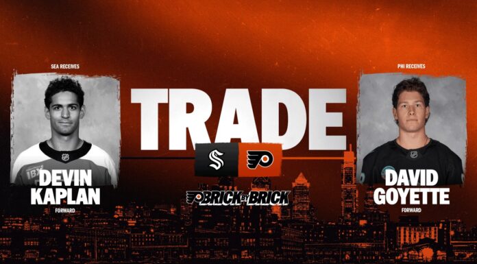 Flyers Trade Devin Kaplan to Kraken for David Goyette Philadelphia Flyers trade graphic showing Devin Kaplan going to the Seattle Kraken and David Goyette coming to Philadelphia