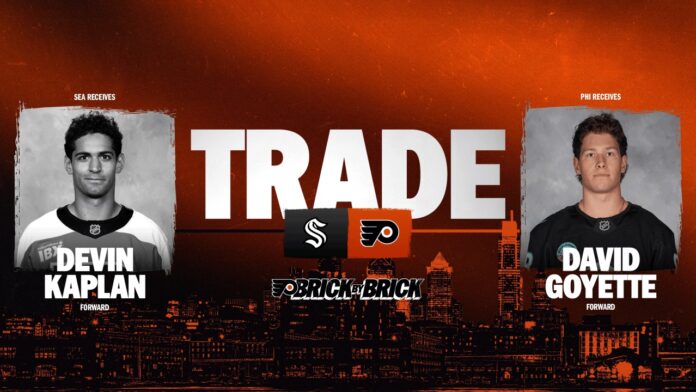 Flyers Kraken trade David Goyette Devin Kaplan Philadelphia Flyers trade graphic showing Devin Kaplan going to the Seattle Kraken and David Goyette coming to Philadelphia