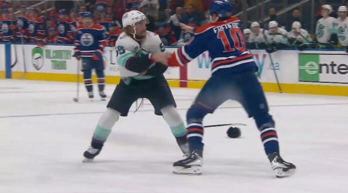 Trent Frederic Fights Ryan Lindgren Over Bouchard Hit Oilers forward Trent Frederic fights Kraken defenseman Ryan Lindgren at Rogers Place