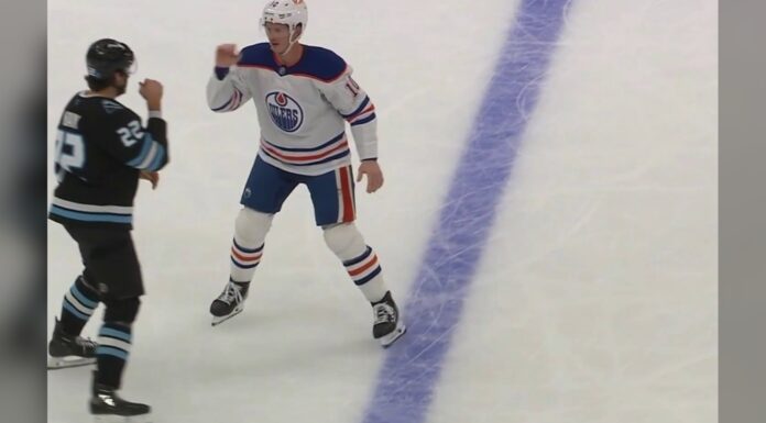 Trent Frederic Fights Jack McBain as Oilers Beat Mammoth Trent Frederic Oilers and Jack McBain Mammoth square up with fists raised before first period fight