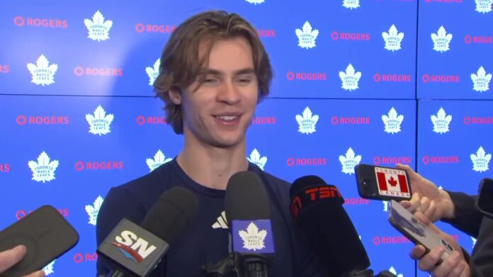 Gavin McKenna Maple Leafs Toronto media welcome to the NHL Gavin McKenna smiles while speaking to Toronto media after Maple Leafs morning skate
