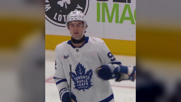 Gavin McKenna Maple Leafs two-goal game Kraken Gavin McKenna Maple Leafs celebrates power-play goal against Kraken