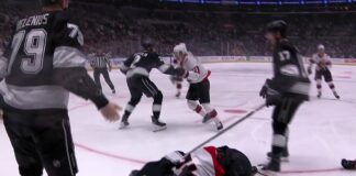 Hayden Hodgson Suspension Hearing Set for Hit on Brandt Clarke Kings defenseman Brandt Clarke down on the ice after Hayden Hodgson boarding hit as Kings and Senators players scrum