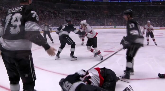Hayden Hodgson Suspension Hearing Set for Hit on Brandt Clarke Kings defenseman Brandt Clarke down on the ice after Hayden Hodgson boarding hit as Kings and Senators players scrum