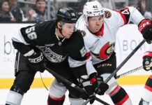 Hayden Hodgson Suspended Two Games for Boarding Brandt Clarke Senators forward Hayden Hodgson battles Kings player during Ottawa vs. Los Angeles game