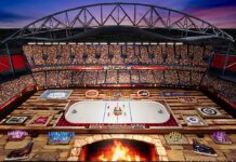 Heritage Classic Renderings: Winnipeg Stadium Becomes a Cabin Rendering of the 2026 Heritage Classic rink at Princess Auto Stadium in Winnipeg with a cabin theme and stone fireplace