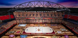 Heritage Classic Renderings: Winnipeg Stadium Becomes a Cabin Rendering of the 2026 Heritage Classic rink at Princess Auto Stadium in Winnipeg with a cabin theme and stone fireplace