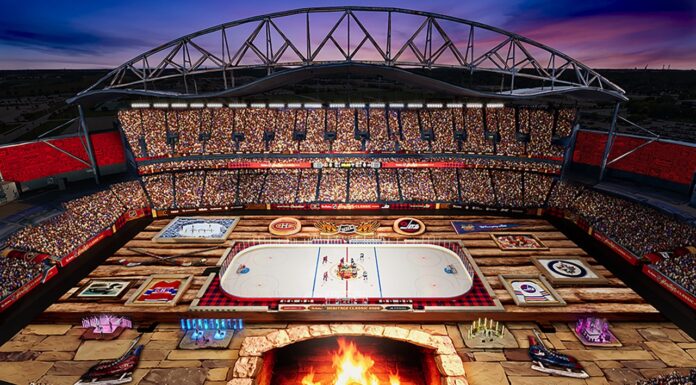 Heritage Classic Renderings: Winnipeg Stadium Becomes a Cabin Rendering of the 2026 Heritage Classic rink at Princess Auto Stadium in Winnipeg with a cabin theme and stone fireplace