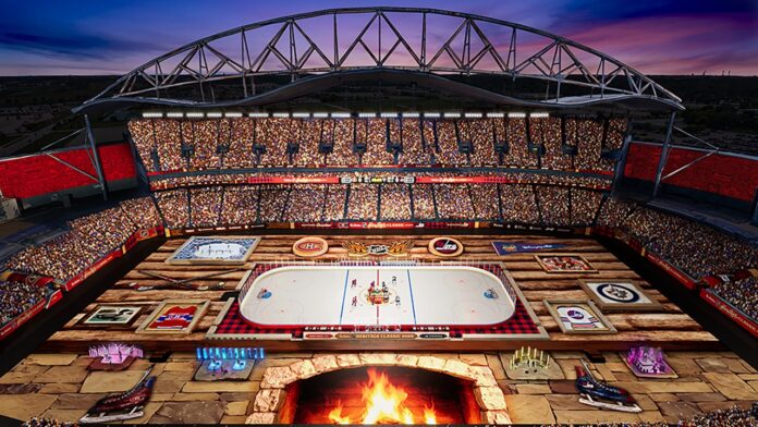 heritage-classic-princess-auto-stadium-rendering-2026 Rendering of the 2026 Heritage Classic rink at Princess Auto Stadium in Winnipeg with a cabin theme and stone fireplace