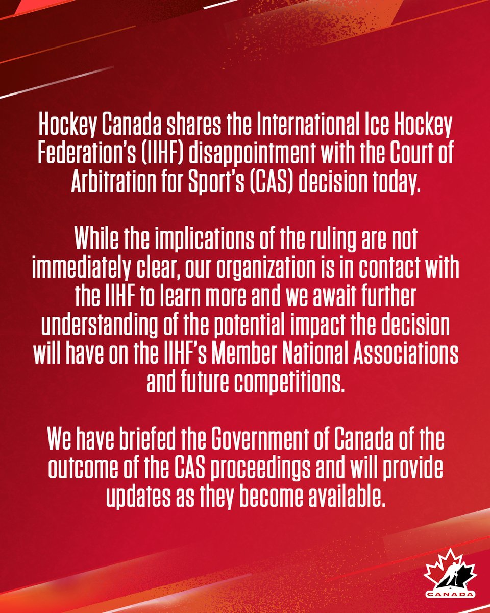 Hockey Canada statement on the Court of Arbitration for Sport ruling allowing Russia back into IIHF tournaments