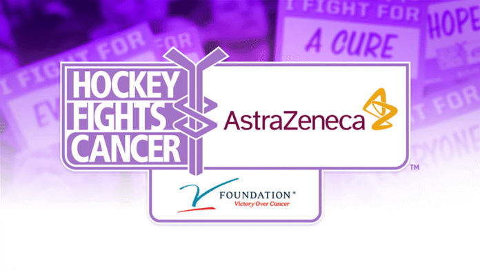 Hockey Fights Cancer 2026-27 Hockey Fights Cancer logo with AstraZeneca and V Foundation for the 2026-27 NHL season