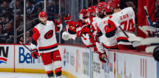 Mark Jankowski Goal Streak: Hits Six as Canes Beat Jets Hurricanes forward celebrates goal at the bench during win over Jets in Winnipeg