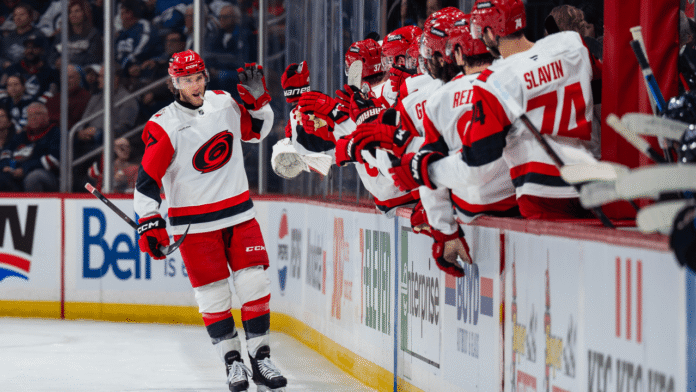 Hurricanes Jets goal celebration Oct 17 2026 Hurricanes forward celebrates goal at the bench during win over Jets in Winnipeg