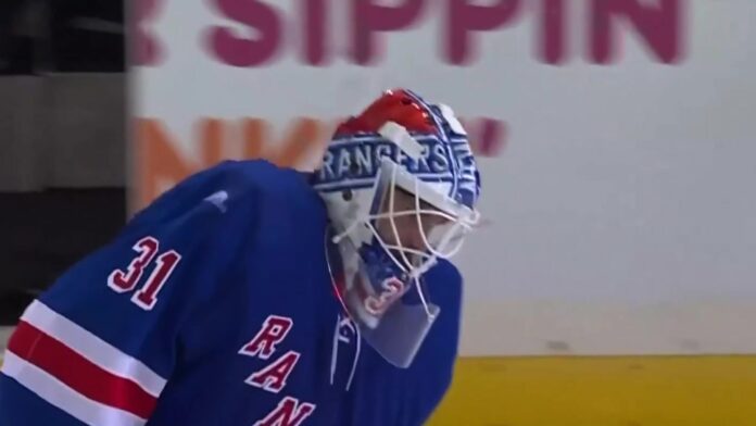 Igor Shesterkin goalie goal Rangers home opener Rangers goalie Igor Shesterkin after scoring an empty-net goalie goal against the Lightning at Madison Square Garden