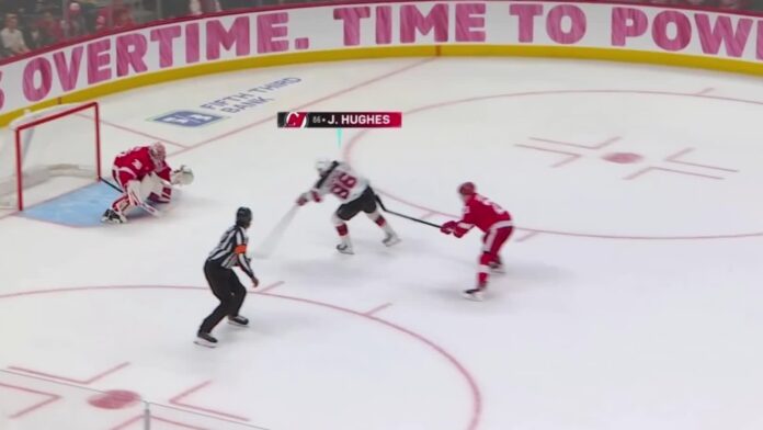 Jack Hughes overtime breakaway Red Wings Jack Hughes Devils overtime breakaway goal against Red Wings and John Gibson