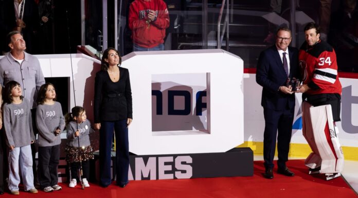 Jake Allen 500th Game: Devils Honor Goalie in Win Over Avalanche Jake Allen Devils goalie honored with family in front of 500 games display at Prudential Center