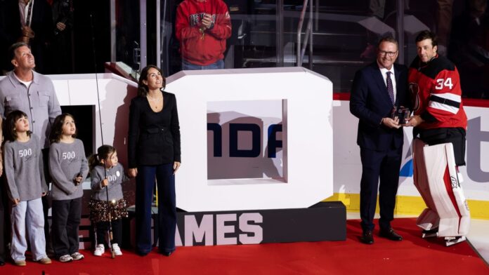 Jake Allen 500 games ceremony Devils Jake Allen Devils goalie honored with family in front of 500 games display at Prudential Center