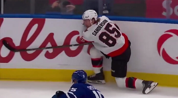 Jake Sanderson Injury: Senators D Re-Aggravates Old Issue Senators defenseman Jake Sanderson down along the boards after getting tangled up with Nick Paul in the season opener against the Maple Leafs
