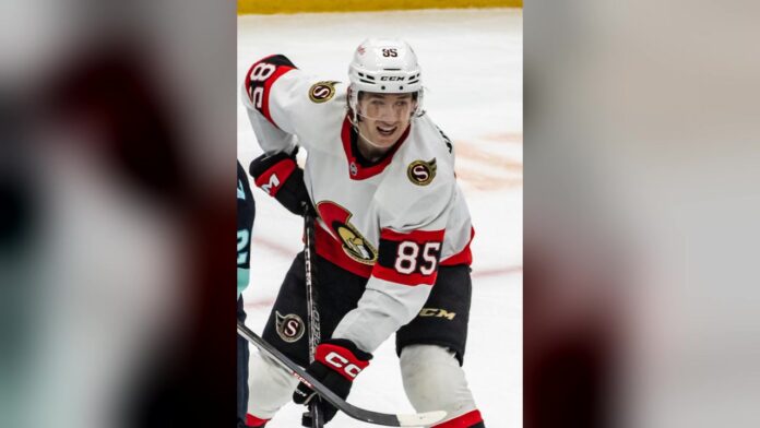 Jake Sanderson Senators return Ottawa Senators defenseman Jake Sanderson in his white road jersey ahead of his return from a lower-body injury