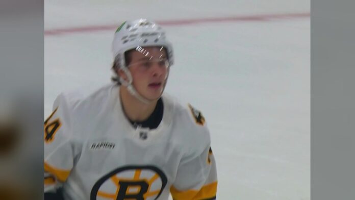 James Hagens first NHL goal Bruins vs Jets Boston Bruins rookie James Hagens skates after scoring his first NHL goal against the Winnipeg Jets