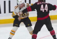 Jeannot Deslauriers Fight: Bruins-Canes Heavyweight Tilt Tanner Jeannot and Nicolas Deslauriers fight during the Bruins-Hurricanes game