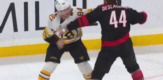 Jeannot Deslauriers Fight: Bruins-Canes Heavyweight Tilt Tanner Jeannot and Nicolas Deslauriers fight during the Bruins-Hurricanes game