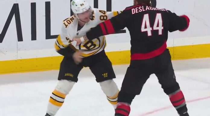 Jeannot Deslauriers Fight: Bruins-Canes Heavyweight Tilt Tanner Jeannot and Nicolas Deslauriers fight during the Bruins-Hurricanes game