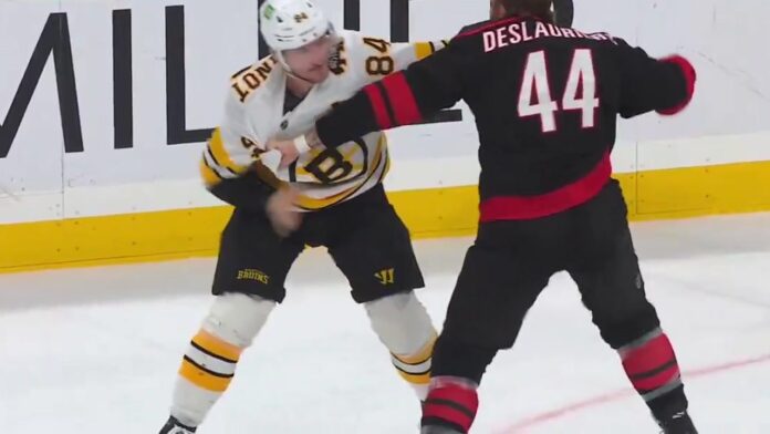 Jeannot Deslauriers fight Bruins Hurricanes Tanner Jeannot and Nicolas Deslauriers fight during the Bruins-Hurricanes game