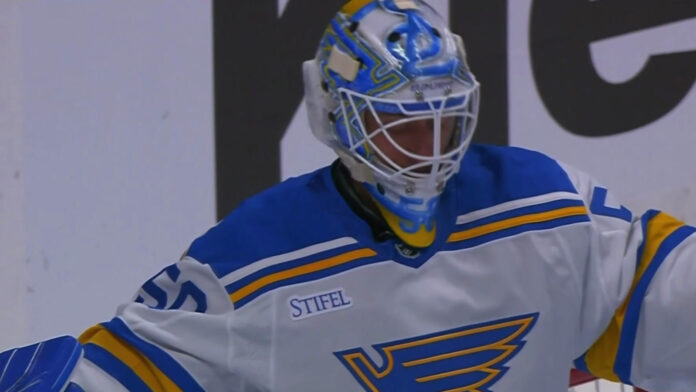 Jordan Binnington Blues vs Avalanche St. Louis Blues goaltender Jordan Binnington after allowing a goal to the Colorado Avalanche at Ball Arena