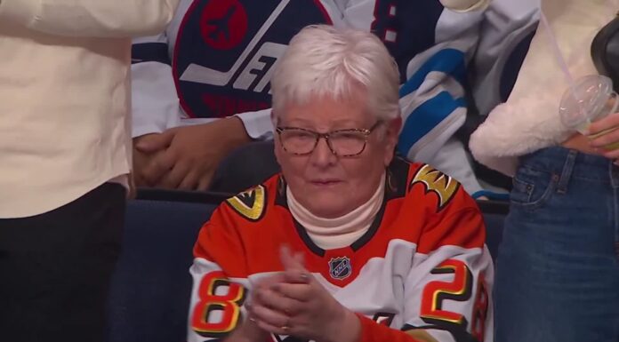 Judd Caulfield First NHL Goal: Grandma Steals the Show Judd Caulfield grandma cheering Ducks first NHL goal vs Jets