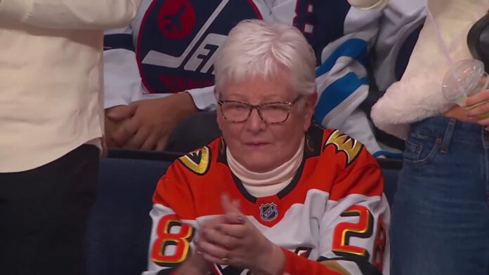 Judd Caulfield grandma Ducks first NHL goal Judd Caulfield grandma cheering Ducks first NHL goal vs Jets