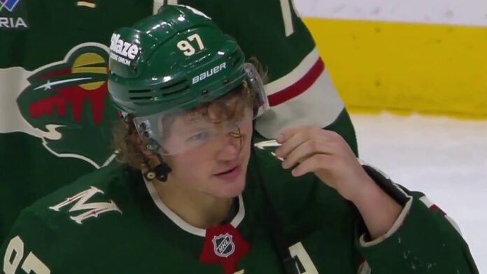 Kirill Kaprizov Wild bench after Joel Hofer hit Wild winger Kirill Kaprizov on the bench after a hit from Blues goalie Joel Hofer