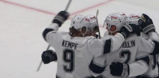 Kings First Win: Kempe Twice as LA Beats Capitals 5-2 Adrian Kempe celebrates with Kings teammates after a goal against the Capitals