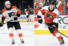 Cole Knuble NHL Debut: Mike’s Son Plays for Flyers Flyers forwards Alex Bump and Cole Knuble in warmups after being recalled from Lehigh Valley
